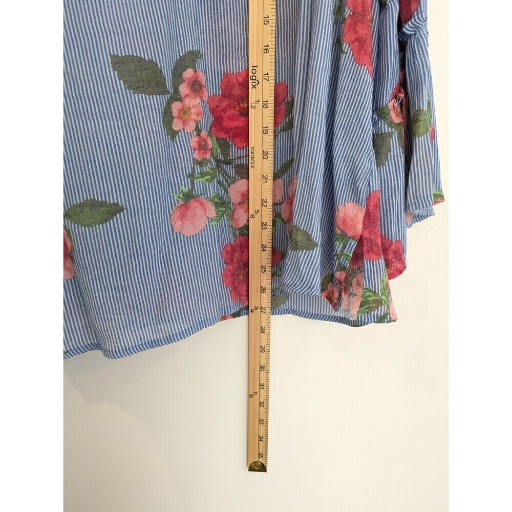 Valerie Stevens Blouse Womens Size L Blue Floral Striped Flowy Boho Hippie Top - Picture 9 of 9